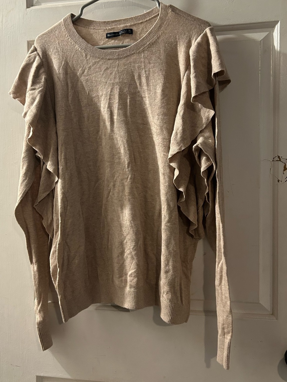 Abercrombie & Fitch Beige Ruffle-Sleeve Crewneck Sweater